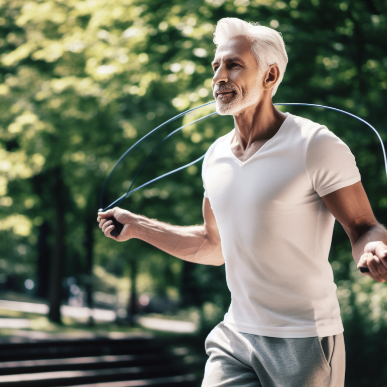 mature man skipping rope in a park - pain free and looking and feeling fit