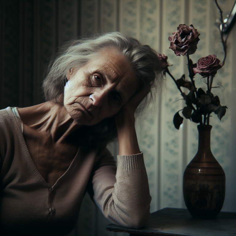 A 60-year-old woman, looking haggard, wrinkled, depressed, feeling tired, listless and clearly experiencing pain. She is standing, leaning painfully on a table in a room with drab wallpaper, a mirror with a single crack in it is behind her and a chipped ceramic vase containing wilted roses is on the table.
