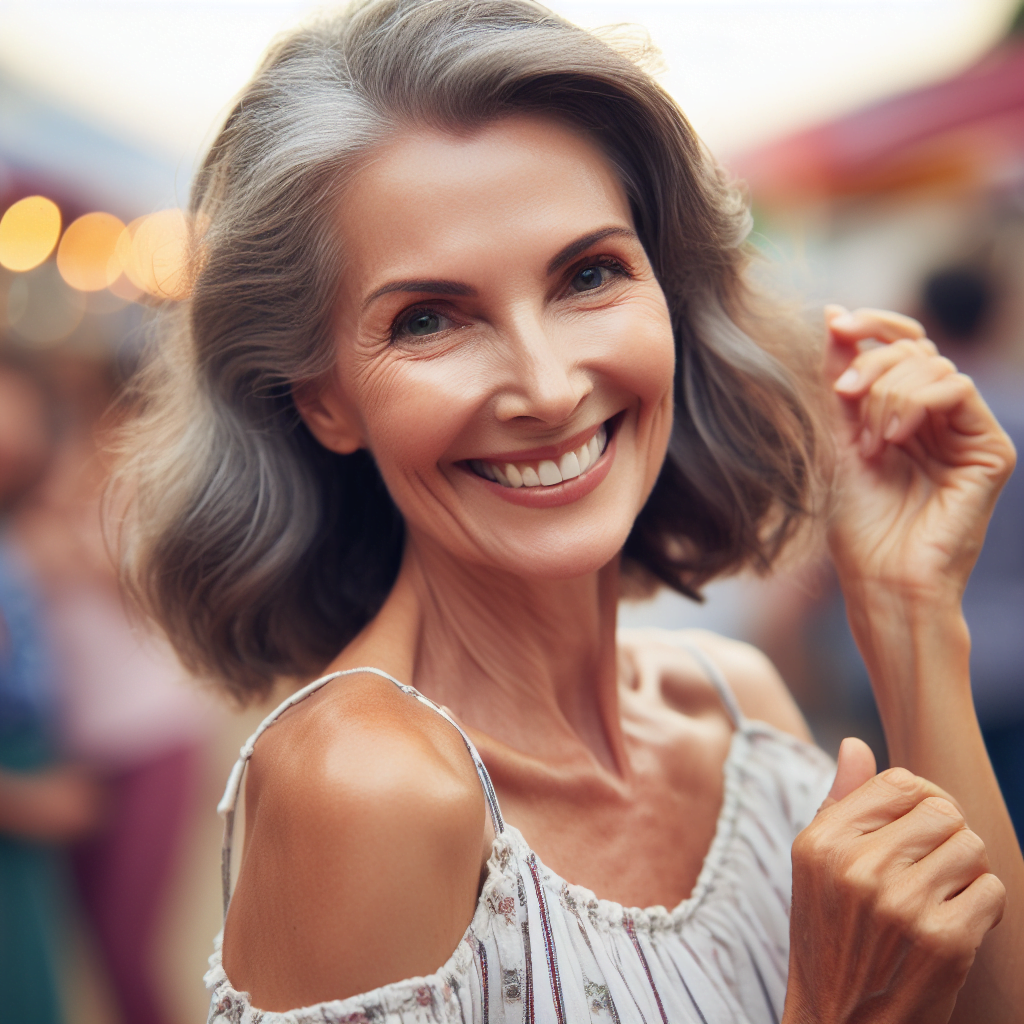 a fit, happy vibrnt 60-year old woman dancing at a street festival